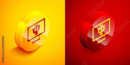 Isometric Online psychological counseling distance icon isolated on orange and red background. Psychotherapy, psychological help, psychiatrist online consulting. Circle button. Vector