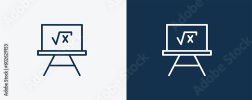 square root in class icon. Outline square root in class, calculation icon from education collection. Linear vector isolated on white and dark blue background. Editable square root in class symbol.