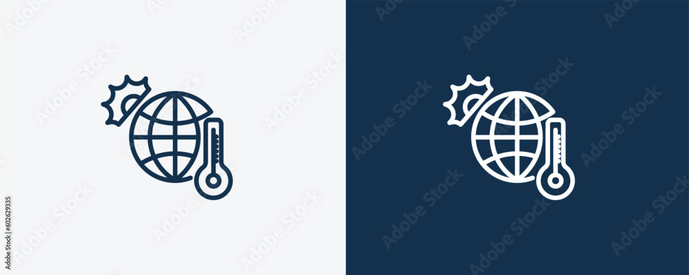 global warming icon. Outline global warming, world icon from ecology collection. Linear vector isolated on white and dark blue background. Editable global warming symbol. global warming icon. Outline global warming, world icon from ecology collection. Linear vector isolated on white and dark blue background. Editable global warming symbol.