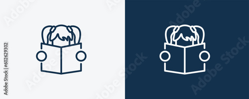 reading book icon. Outline reading book, education icon from education collection. Linear vector isolated on white and dark blue background. Editable reading book symbol.