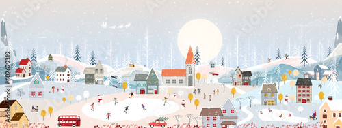Winter wonderland landscape background at night with people having fun in the city on new year,Christmas day in village with people celebration, kids playing ice skate, teenager skiing on mountain