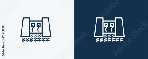 dam icon. Outline dam, power icon from ecology collection. Linear vector isolated on white and dark blue background. Editable dam symbol.