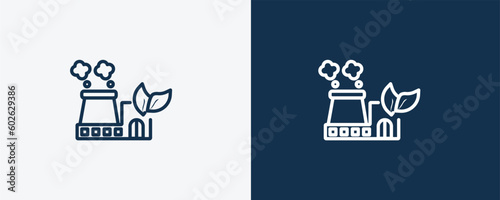 sustainable factory icon. Outline sustainable factory, factory icon from ecology collection. Linear vector isolated on white and dark blue background. Editable sustainable factory symbol.