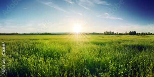 landscape field, spring green, blue sky with cloud