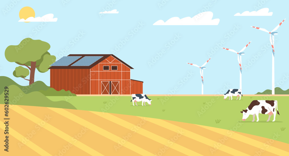 Summer farm landscape with fields, meadows panorama, pastures with cows and barns, solar panels and wind farms. Agriculture background, cartoon flat isolated nature illustration. Vector concept
