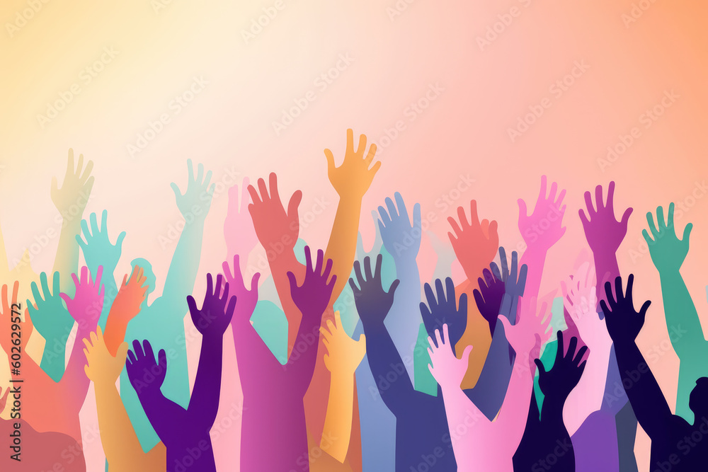Group of people raising their hands in the air. Colorful Illustration. Human rights. Ai generated image