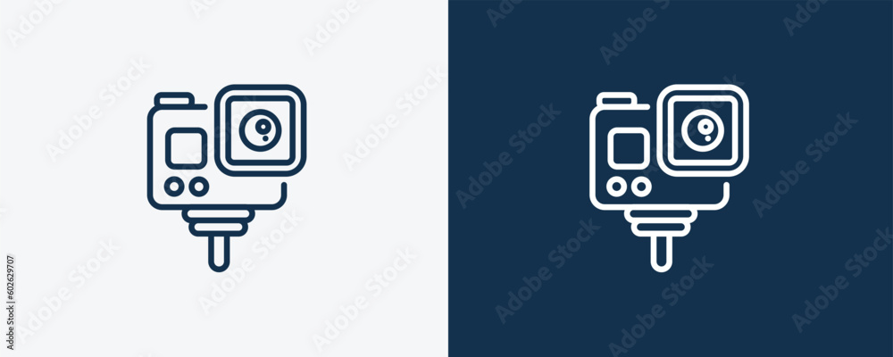action camera icons. Outline action camera, camera icon from computer and tech collection. Linear vector isolated on white and dark blue background. Editable action camera symbol.
