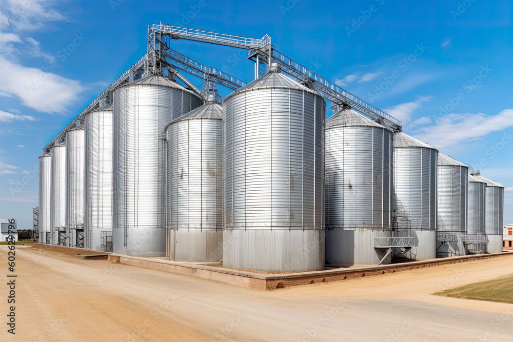 panorama view on agro silos granary elevator on agro-processing manufacturing plant for processing panorama view on agro silos granary elevator on agro-processing manufacturing plant for processing