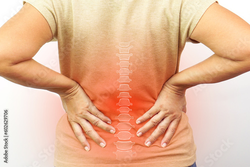 Woman suffering from waist, backache or hip pain on white background. Backache, office syndrome and health concept.