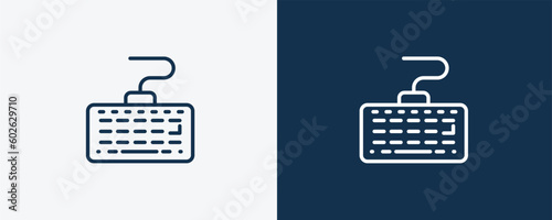 keyboard with cable icons. Outline keyboard with cable, keyboard icon from computer and tech collection. Linear vector isolated on white and dark blue background. Editable keyboard with cable symbol.