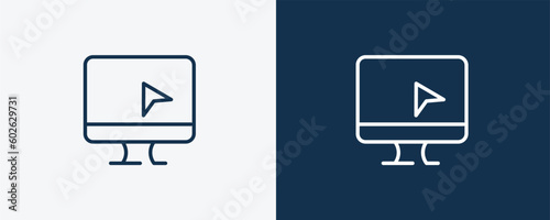 computer monitor icons. Outline computer monitor, monitor icon from computer and tech collection. Linear vector isolated on white and dark blue background. Editable computer monitor symbol.