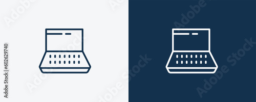 widescreen laptop icons. Outline widescreen laptop, laptop icon from computer and tech collection. Linear vector isolated on white and dark blue background. Editable widescreen laptop symbol.