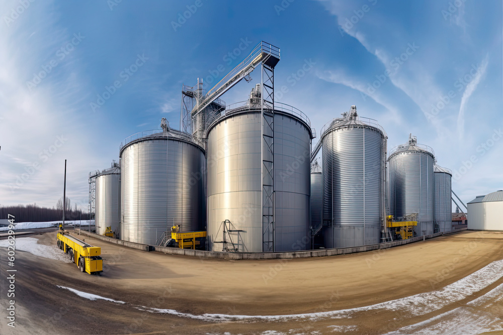 panorama view on agro silos granary elevator on agro-processing manufacturing plant for processing panorama view on agro silos granary elevator on agro-processing manufacturing plant for processing