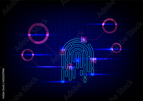 Cyber security and cyber crime concept. Electronic thumb fingerprint on futuristic technology abstract background. Digital protection. Scanning for protecting data. Hacker protection.