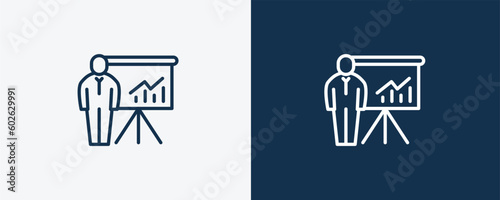 graphic panel and man icon.Outline graphic panel and man icon from business collection. Linear isolated on white and dark blue background. Editable graphic panel and man symbol.
