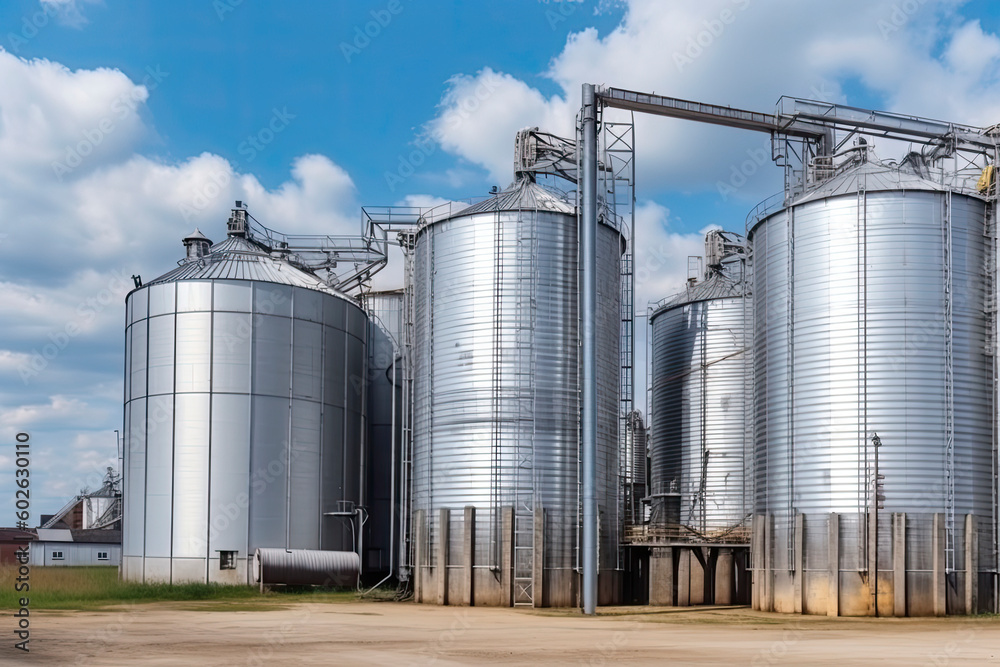 panorama view on agro silos granary elevator on agro-processing manufacturing plant for processing