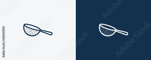 strainer with handle icon. Outline strainer with handle icon from restaurant collection. Linear vector isolated on white and dark blue background. Editable strainer with handle symbol.