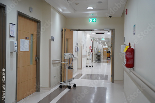 Mouwasat Hospital Emergency Al Khobar. Hospital hallway for birth or delivery baby rooms with fire extinguishers and doors.