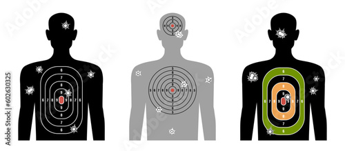 Target human silhouette. Male body shape boards for shooting, marking accuracy, bullet mark, shooting range equipment, pistol shoot, police or military training, nowaday vector isolated set