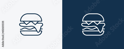 complete hamburger icon. Outline complete hamburger icon from restaurant collection. Linear vector isolated on white and dark blue background. Editable complete hamburger symbol.