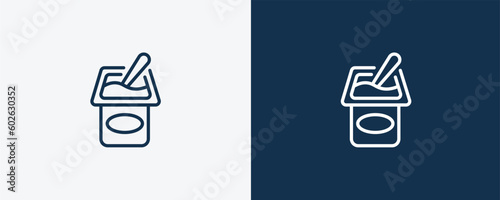 yogurt with spoon icon. Outline yogurt with spoon icon from restaurant collection. Linear vector isolated on white and dark blue background. Editable yogurt with spoon symbol.