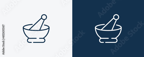 mortar with mace icon. Outline mortar with mace icon from restaurant collection. Linear vector isolated on white and dark blue background. Editable mortar with mace symbol.