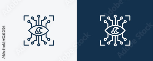 eye tap icon. Outline eye tap icon from artificial intellegence collection. Linear vector isolated on white and dark blue background. Editable eye tap symbol.