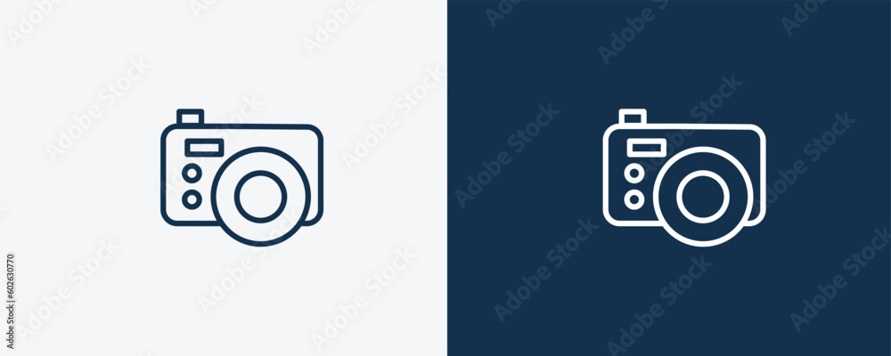 retro squared camera icon. Outline retro squared camera icon from technology collection. Linear vector isolated on white and dark blue background. Editable retro squared camera symbol.