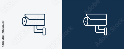 security cam icon. Outline security cam icon from technology collection. Linear vector isolated on white and dark blue background. Editable security cam symbol.