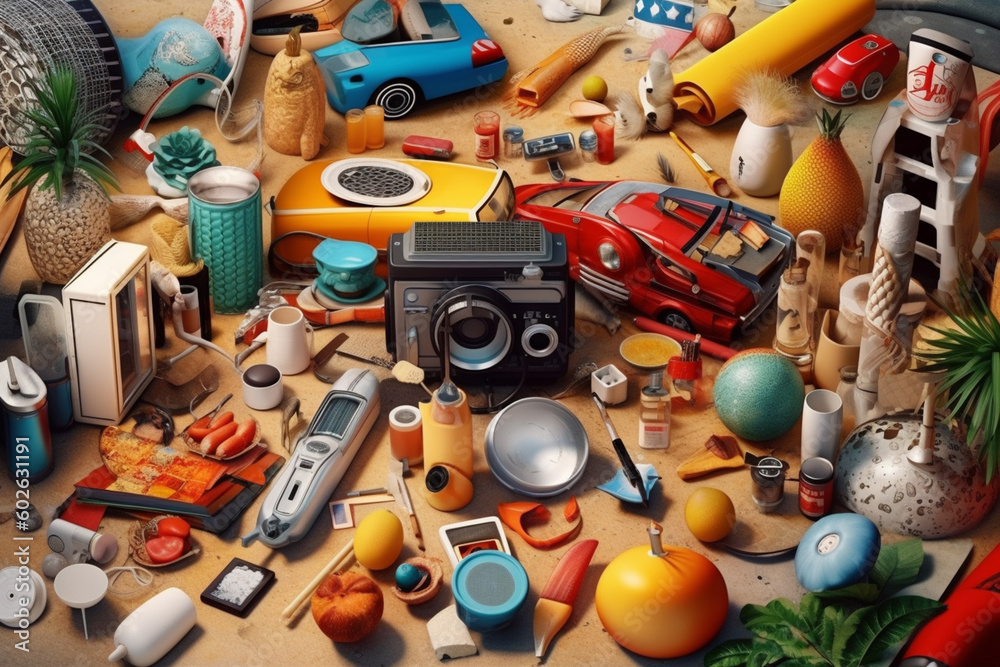 A collage of diverse and unrelated objects coming together to form a cohesive and innovative idea, symbolizing the power of combining different perspectives. Generative AI technology A collage of diverse and unrelated objects coming together to form a cohesive and innovative idea, symbolizing the power of combining different perspectives. Generative AI technology