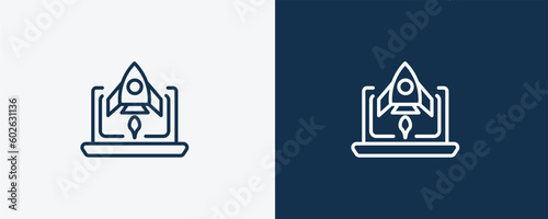 startup laptop icon. Outline startup laptop icon from startup and strategy collection. Linear vector isolated on white and dark blue background. Editable startup laptop symbol.
