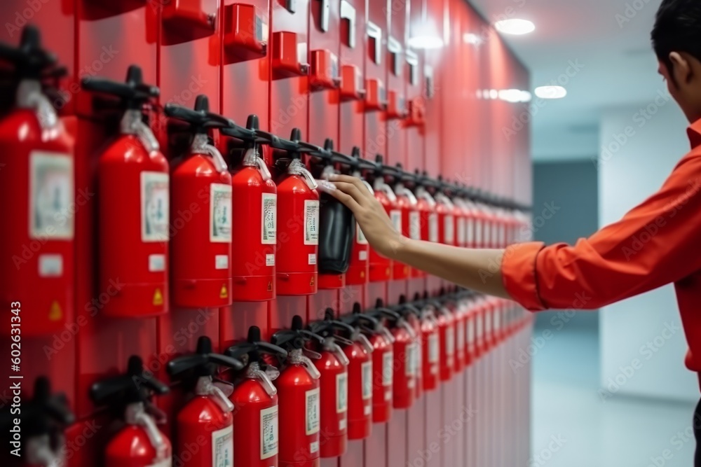 Fire protection engineer check the safety pin of red fire extinguishers tank at the exit door in