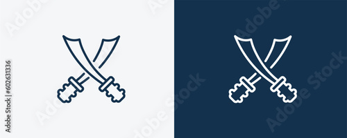 saber icon. Outline saber icon from sport and game collection. Linear vector isolated on white and dark blue background. Editable saber symbol.