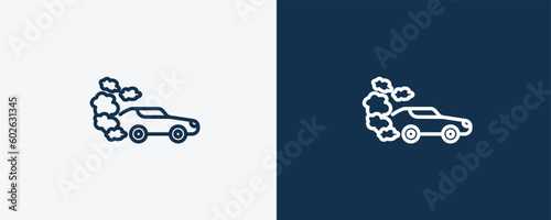 drift car icon. Outline drift car icon from sport and game collection. Linear vector isolated on white and dark blue background. Editable drift car symbol.