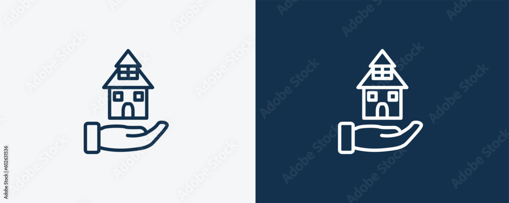 mortgage icon. Outline mortgage icon from Insurance and Coverage collection. Linear vector isolated on white and dark blue background. Editable mortgage symbol.