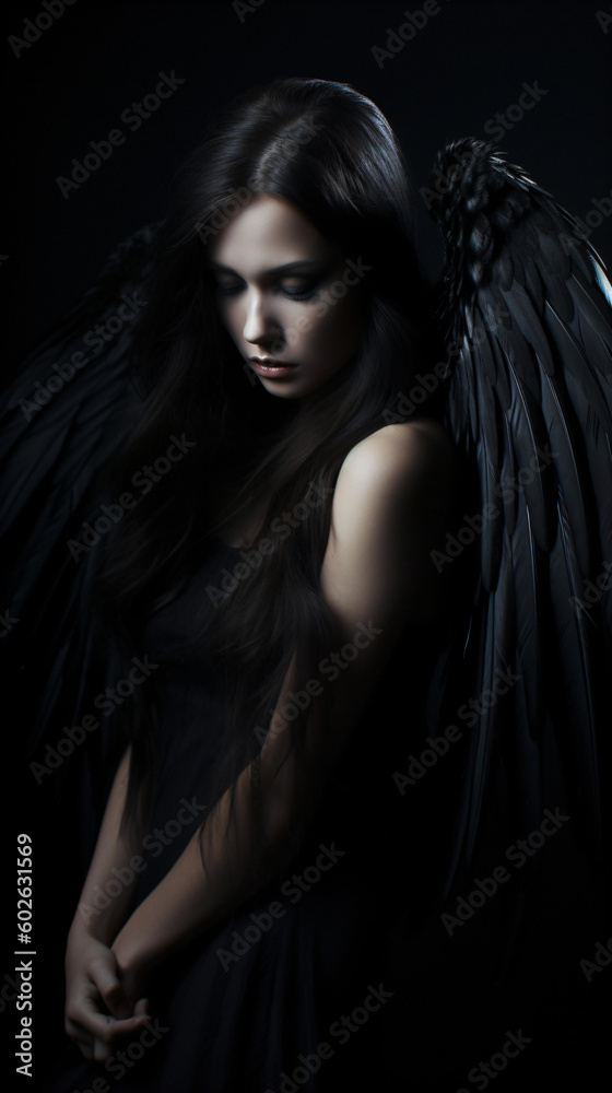 angel of devil, girl with black angel wings and long black hair, fictional person made with generative ai angel of devil, girl with black angel wings and long black hair, fictional person made with generative ai