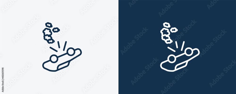 overturned vehicle icon. Outline overturned vehicle icon from Insurance and Coverage collection. Linear vector isolated on white and dark blue background. Editable overturned vehicle symbol.