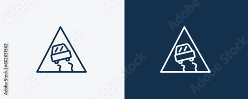 slippery road icon. Outline slippery road icon from Insurance and Coverage collection. Linear vector isolated on white and dark blue background. Editable slippery road symbol.