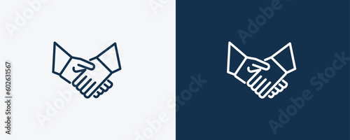 shake hands icon. Outline shake hands icon from Insurance and Coverage collection. Linear vector isolated on white and dark blue background. Editable shake hands symbol.