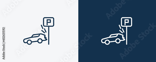 parking crash icon. Outline parking crash icon from Insurance and Coverage collection. Linear vector isolated on white and dark blue background. Editable parking crash symbol.