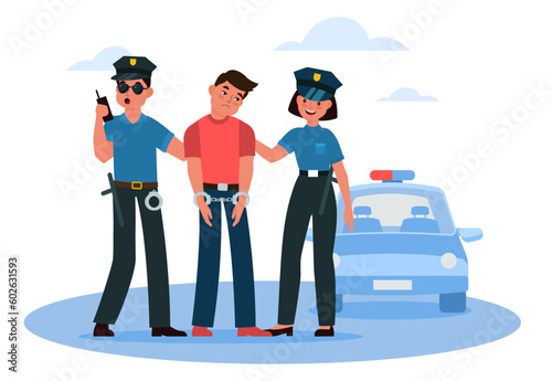 Papier peint Two policemen and woman arrested criminal and handcuffed him