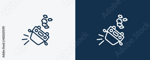 overturned car icon. Outline overturned car icon from Insurance and Coverage collection. Linear vector isolated on white and dark blue background. Editable overturned car symbol.
