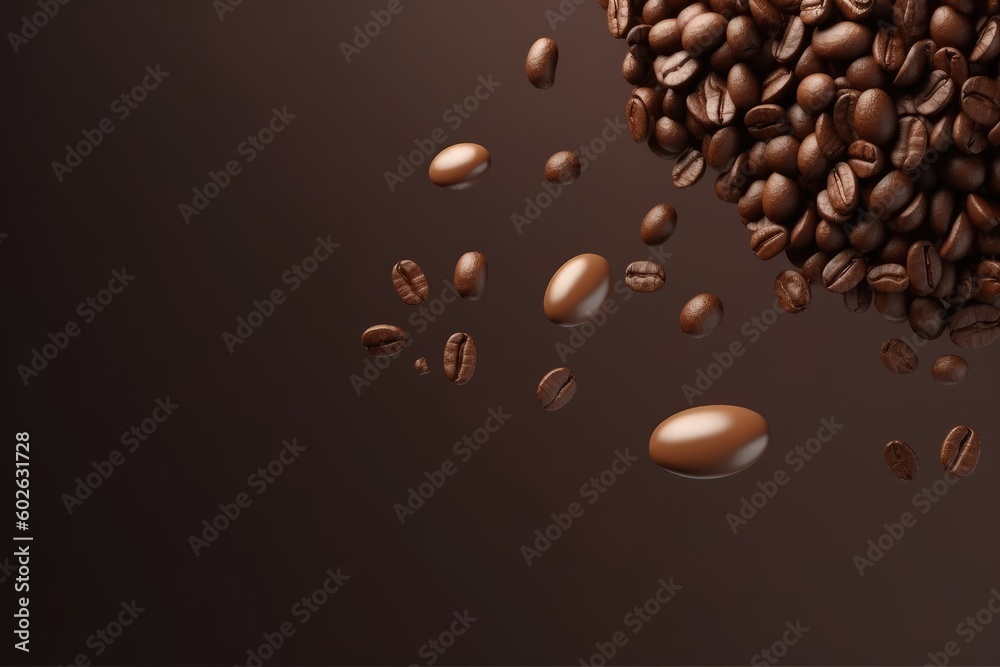Coffee beans fly and fall on dark brown background. Generative AI Coffee beans fly and fall on dark brown background. Generative AI
