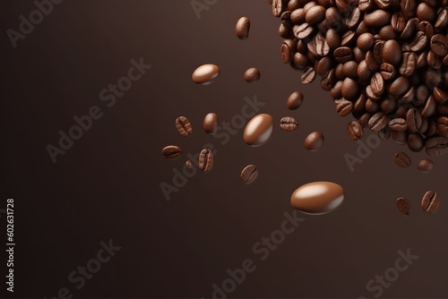 Coffee beans fly and fall on dark brown background. Generative AI