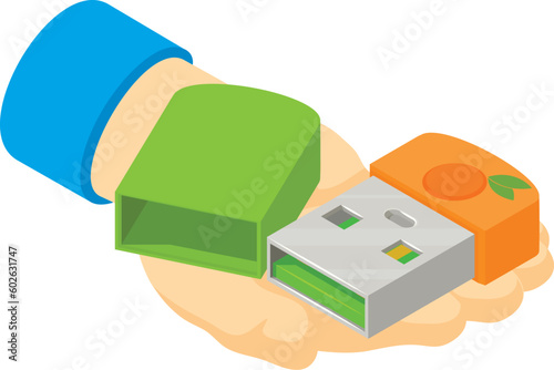 Modern device icon isometric vector. Bright portable flash drive in human hand. Storage device, modern technology photo