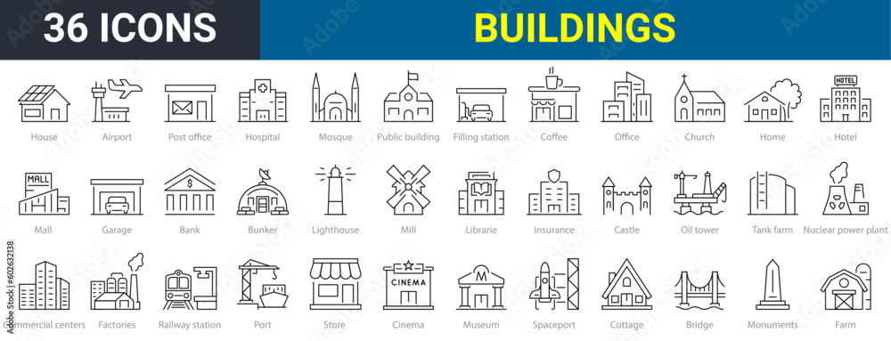 Set of 30 web icons Building in line style. Airport, Office, Hotel, Hospital, Insurance, town house, mall, coffee, . Vector illustration. - obrazy, fototapety, plakaty 