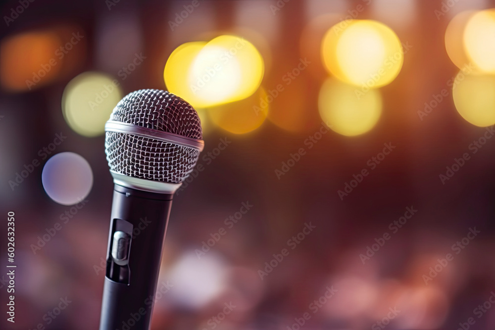 Public speaking backgrounds, Close-up the microphone on stand for speaker speech presentation stage - obrazy, fototapety, plakaty 