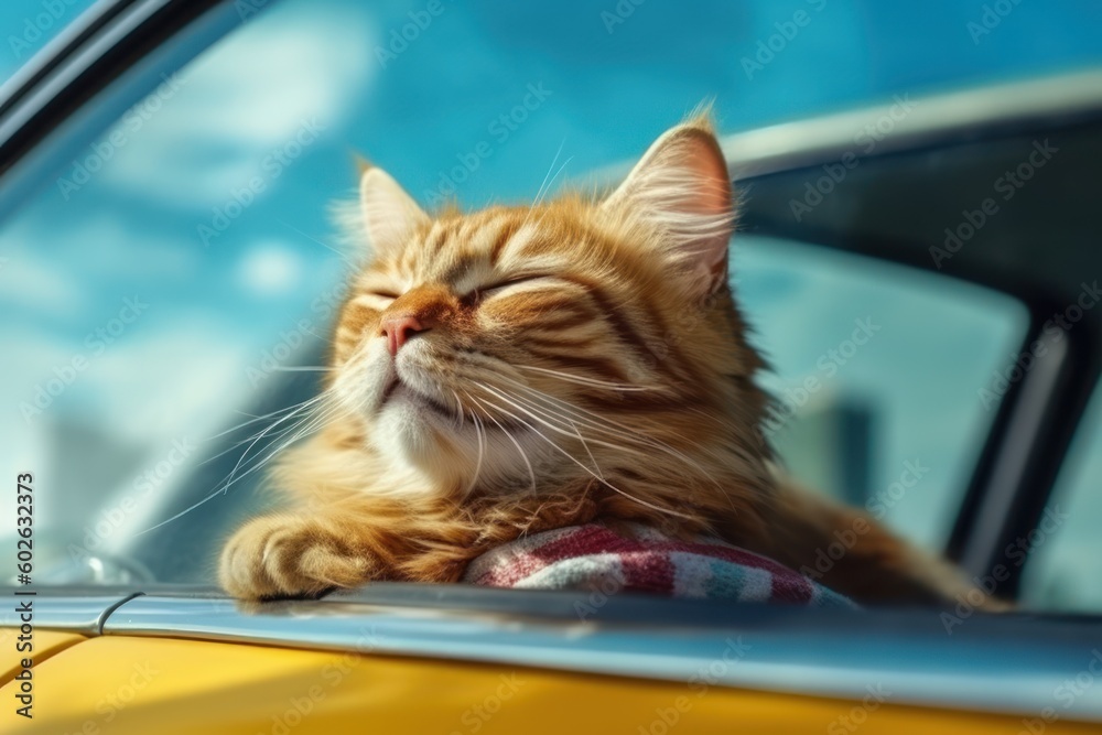 Happy cat on the car window summer vacation trave. Web banner style. Generative AI Happy cat on the car window summer vacation trave. Web banner style. Generative AI