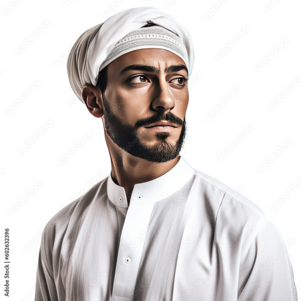 Young handsome Emirati business man in UAE traditional outfit showing a variety of hand gesture. Arabic ambitious mature businessman. Generative AI Young handsome Emirati business man in UAE traditional outfit showing a variety of hand gesture. Arabic ambitious mature businessman. Generative AI
