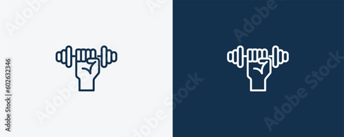 dumbbells exercise icon. Outline dumbbells exercise icon from Fitness and Gym collection. Linear vector isolated on white and dark blue background. Editable dumbbells exercise symbol.